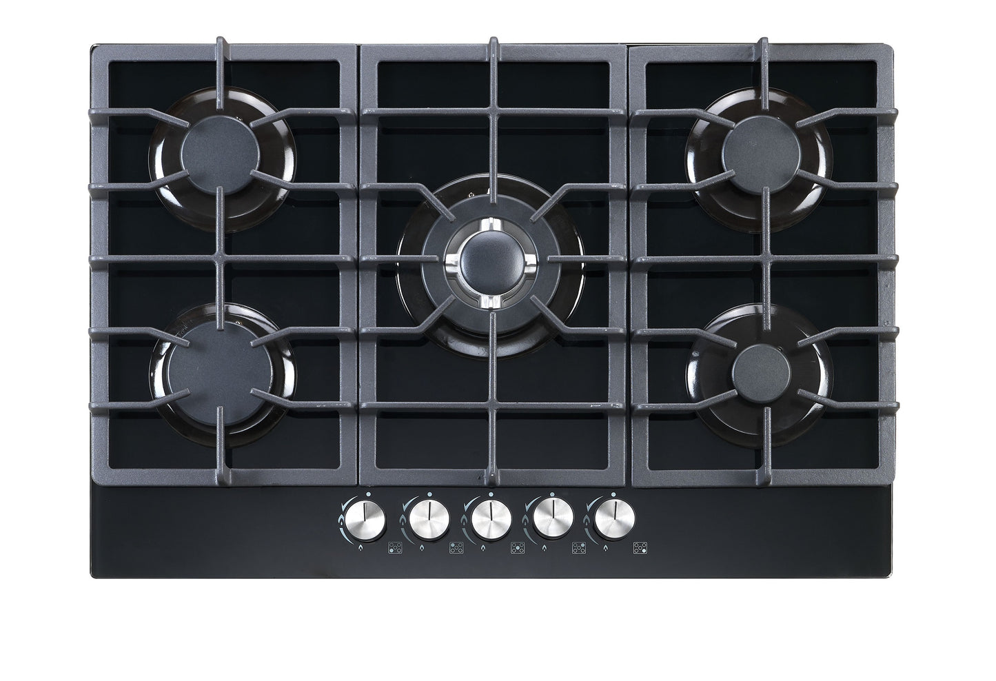 Blue Flame HBG5723 - 76cm Built-in Gas Hob - 4 Burners with Wok Burner - Tempered Black Glass Body - Cast lron Pan Supports