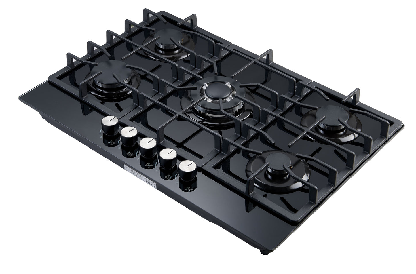 Blue Flame HBG5723 - 76cm Built-in Gas Hob - 4 Burners with Wok Burner - Tempered Black Glass Body - Cast lron Pan Supports