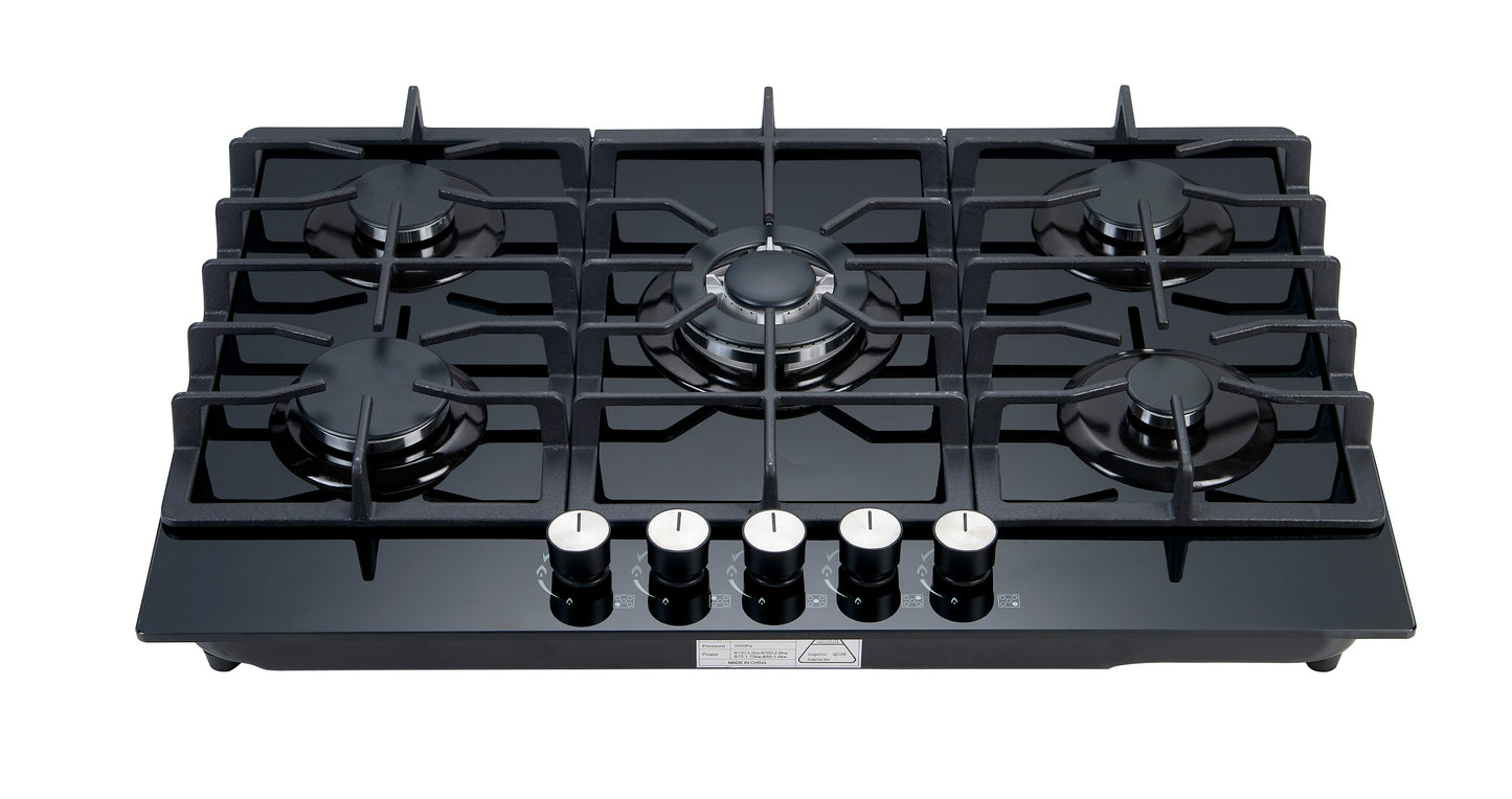 Blue Flame HBG5723 - 76cm Built-in Gas Hob - 4 Burners with Wok Burner - Tempered Black Glass Body - Cast lron Pan Supports