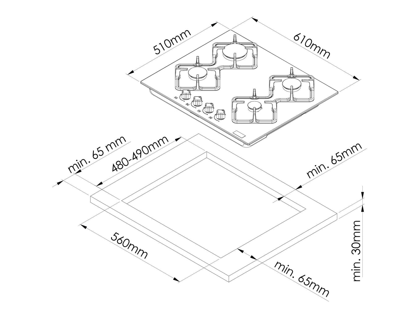 Ferre 2140 CE - 60cm Built-in Gas Hob - Black Glass Body - Ferre Cooker