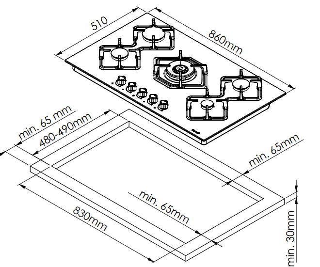 Ferre EL010 - 90cm Built-in Gas Hob - 5 Burners - Cast Iron Pan Supports - Ferre Cooker