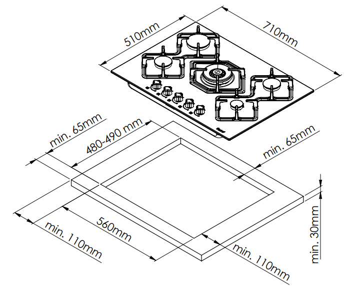 Ferre SL135 - 70cm Built-in Gas Hob - 5 Burners - Black Glass - Cast Iron Pan Supports - Ferre Cooker