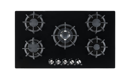 Blue Flame HBG5724 - 76cm Built-in Gas Hob - 4 Burners with Wok Burner -  Tempered Black Glass Body - Cast lron Pan Supports