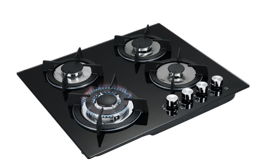 Blue Flame HBG4601 - 60cm Built-in Gas Hob - 4 Burners with Wok Burner - Tempered Black Glass Body - Cast lron Pan Supports