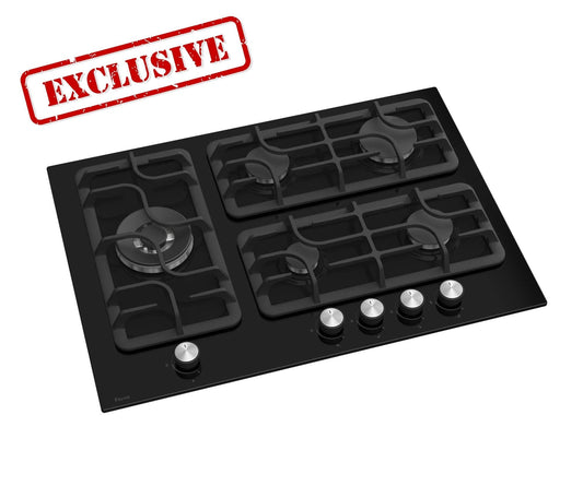 Ferre SL135 - 70cm Built-in Gas Hob - 5 Burners - Black Glass - Cast Iron Pan Supports