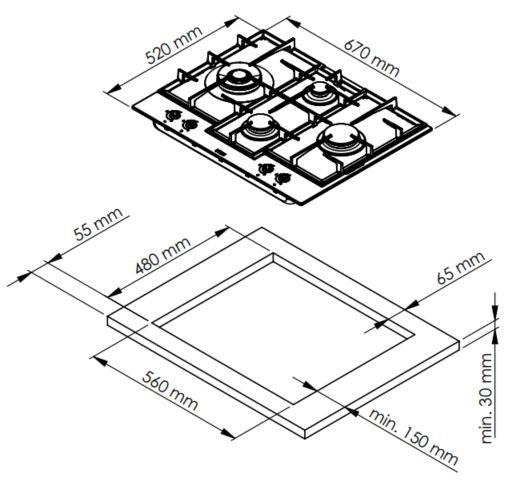 Ferre ED071W - 65cm Built-in Gas Hob - 4 Burners - Cast Iron Pan Supports - Stainless Steel Body - Ferre Cooker