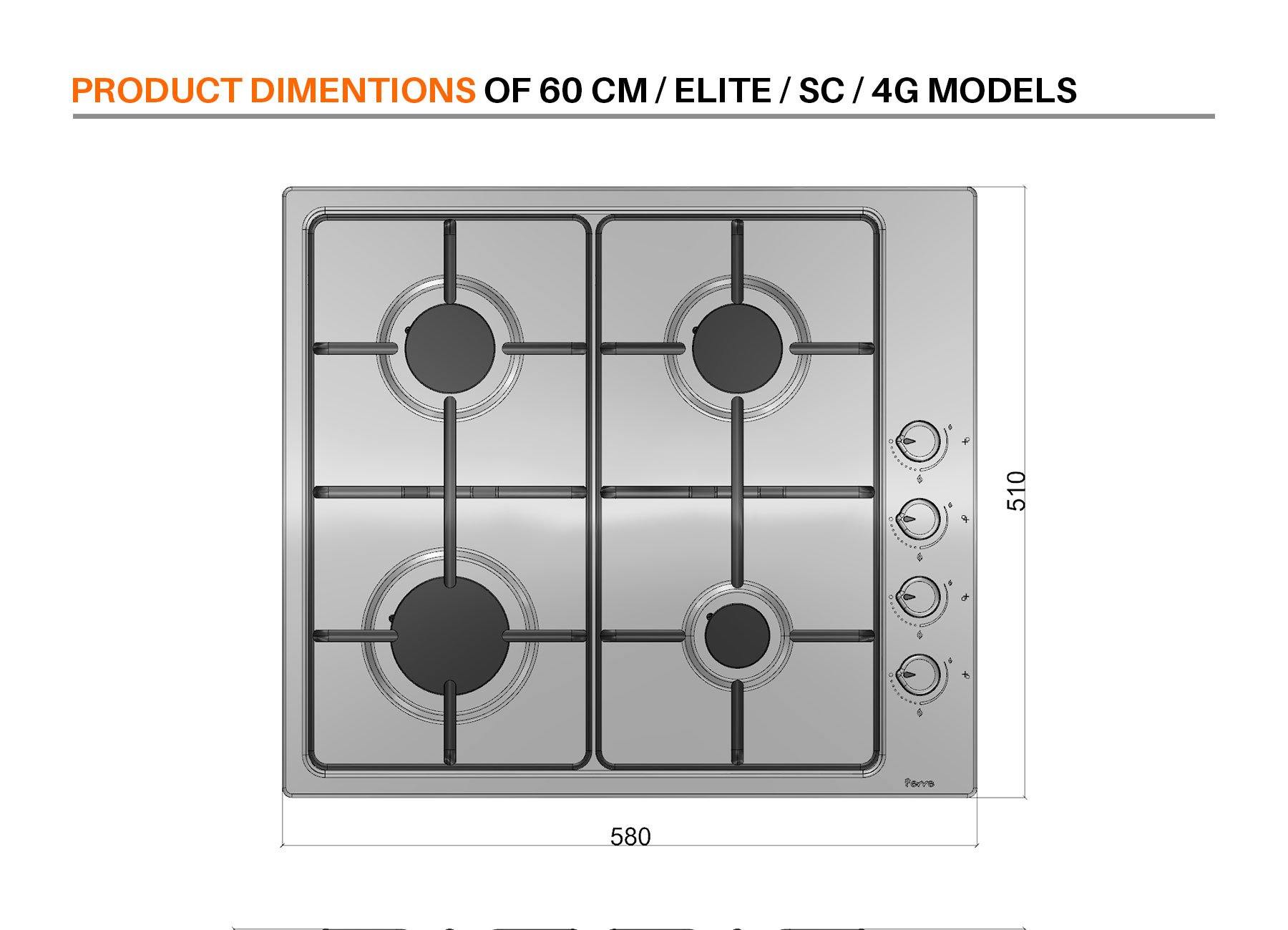 Ferre EL056 - 60cm Built-in Gas Hob - 4 Burners - Shiny Black Enamel Body - Enamel Pan Supports - Ferre Cooker