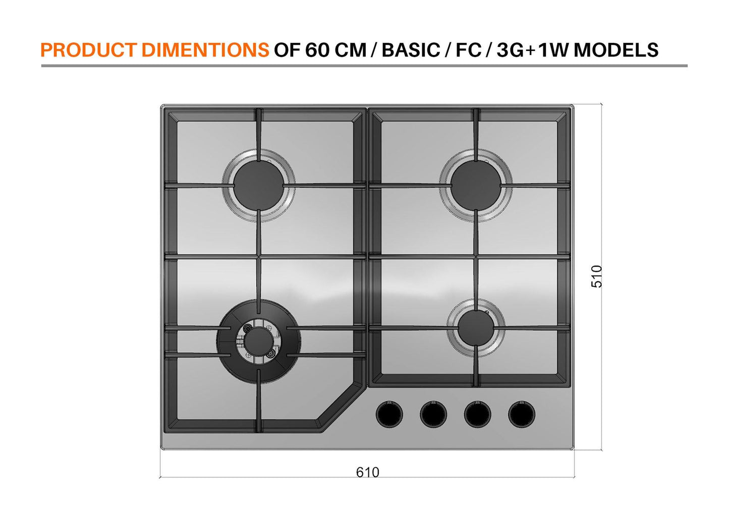 Ferre SA025 - 60cm Built-in Gas Hob - Black Glass - Cast Iron Pan Supports - Ferre Cooker